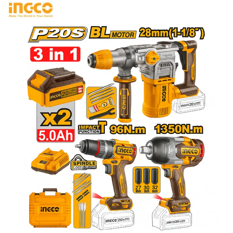 ENSEMBLE COMBINÉ 3 PIÈCES INGCO 20V COSLI250281