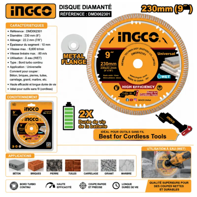 DISQUE DE COUPE DIAMANTÉ ULTRA-MINCE INGCO DMD062301