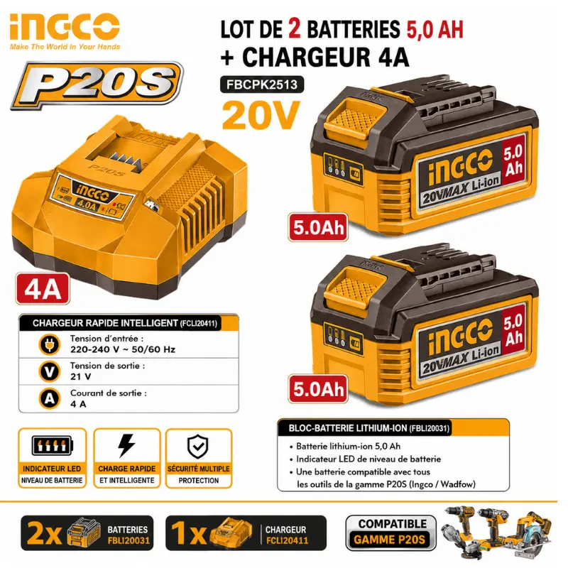 LOT DE 2 BATTERIES 5,0 AH + CHARGEUR 4A INGCO 20V – FBCPK2513