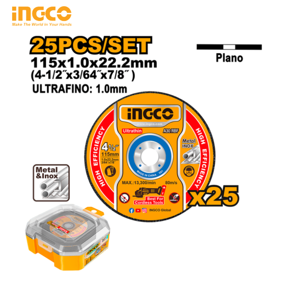 25 DISQUES À TRONÇONNER POUR MÉTAUX ET ACIER INOXYDABLE 115 MM  INGCO MCD1025115