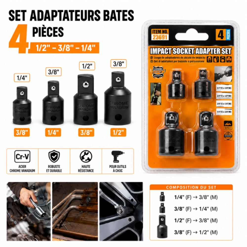[1MMT15-22] SET ADAPTATEURS BATES 4 PIÈCES – 1/2" – 3/8" – 1/4" 1MMT15-22