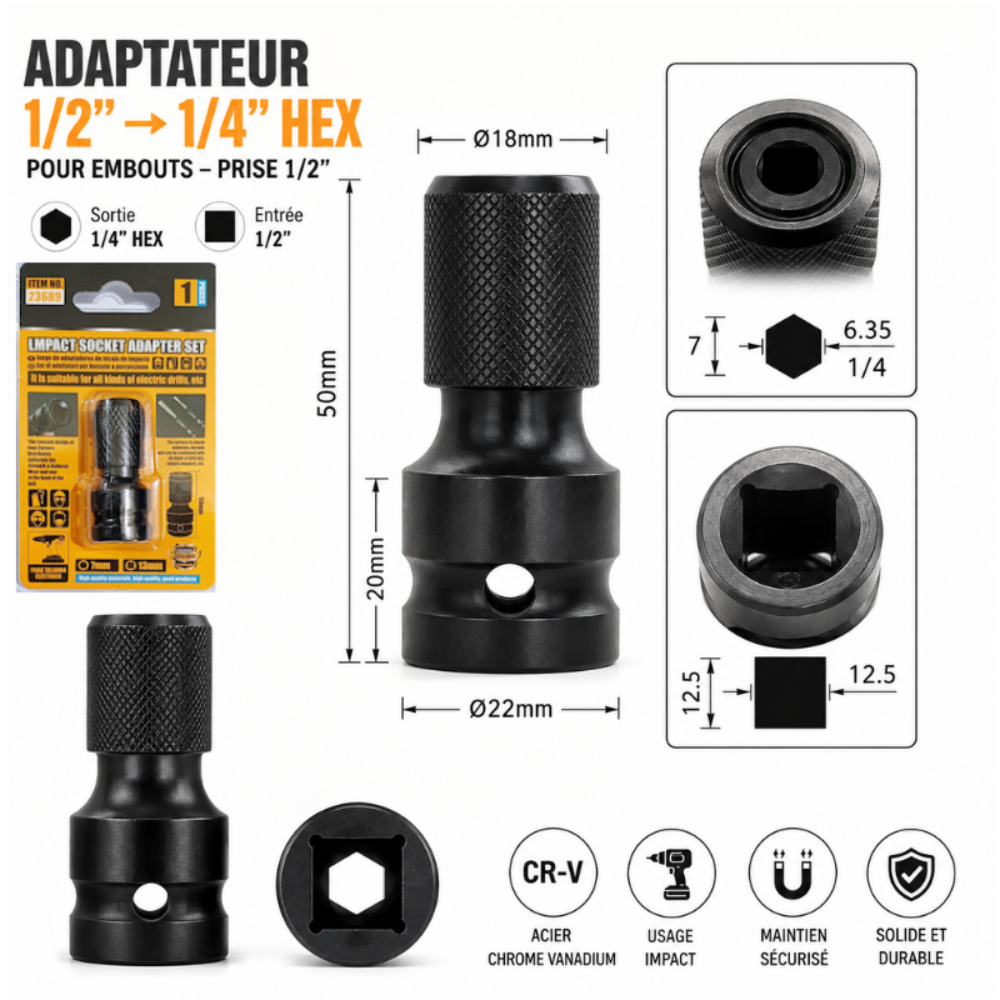 [1MMT15-21] ADAPTATEUR 1/2" → 1/4" HEX – POUR EMBOUTS – PRISE 1/2" 1MMT15-21