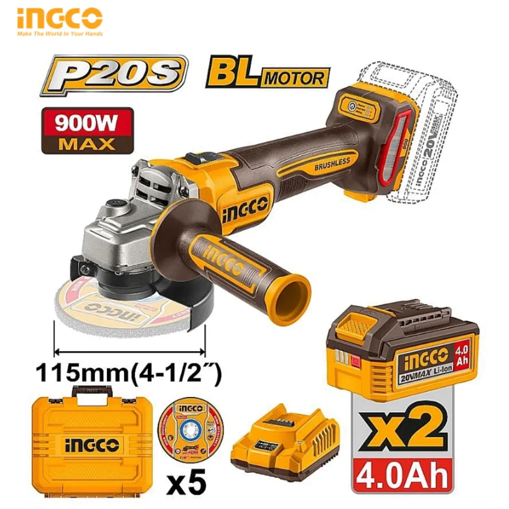 MEULEUSE D'ANGLE SANS FIL INGCO 20V BRUSHLESS 115 MM AVEC 2 BATTERIES 4,0 AH  CAGLI261522