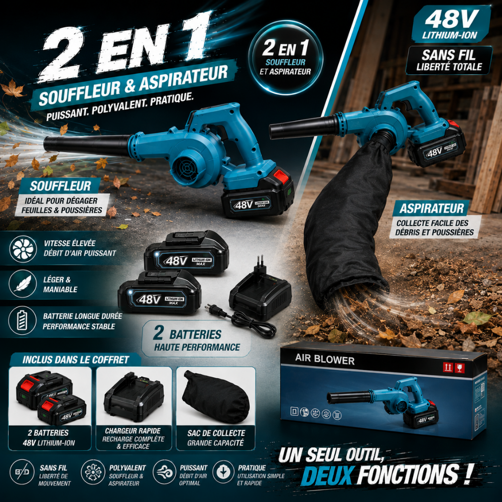 SOUFFLEUR ASPIRATEUR 2EN1 MAKITA AVEC 2 BATTERIES 48V 1MMT6-5