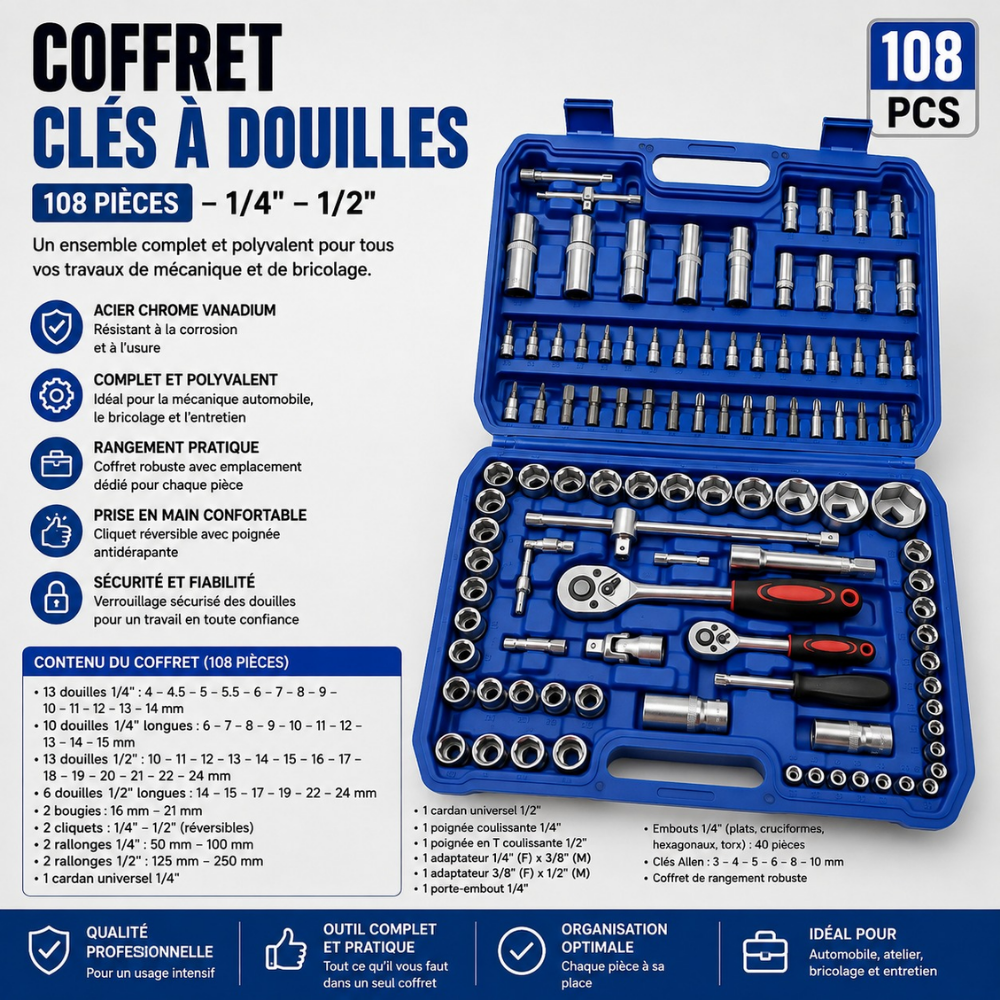 COFFRET CLÉ À DOUILLES 108 PIÈCES 1MMT5-2