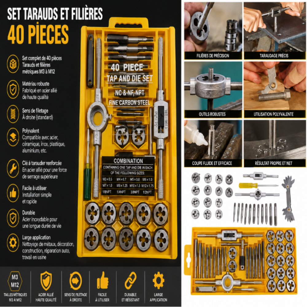 SET TARAUDS ET FILIÈRES 40 PIÈCES 1MMT14-3