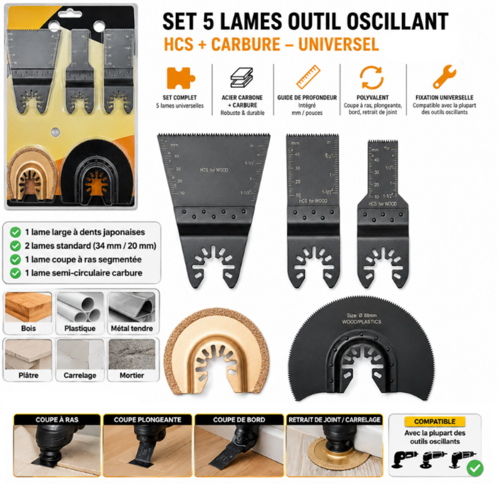 SET 5 LAMES OUTIL OSCILLANT – HCS + CARBURE – UNIVERSEL 1MMT14-1
