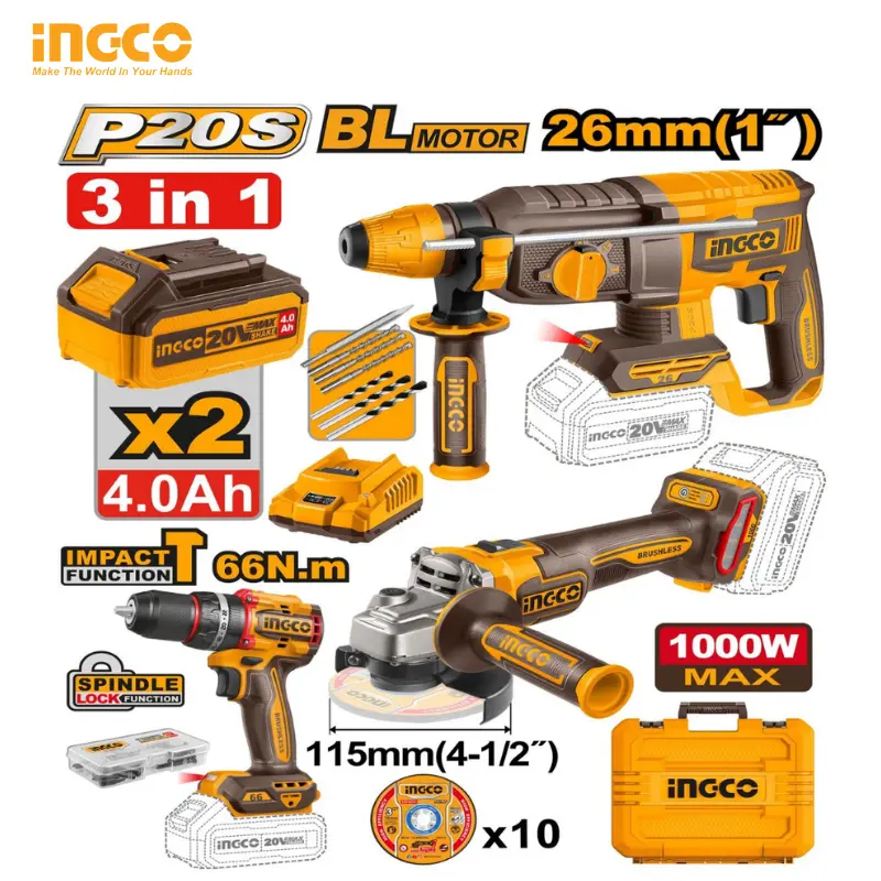 PACK 3 PCS INGCO MARTAUX + VISSEUSE + MEULE COSLI241198