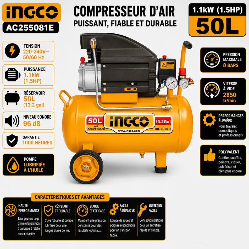 COMPRESSEUR D'AIR 50L  INGCO AC255081E